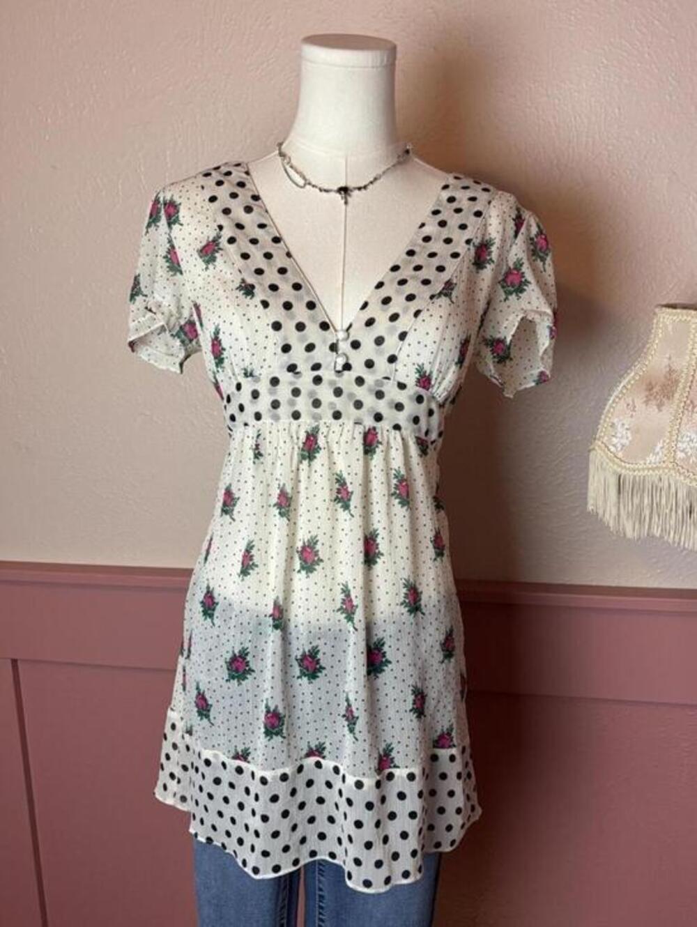 babydoll polka dot top forever white black pink sz small 2000s vintage cottage